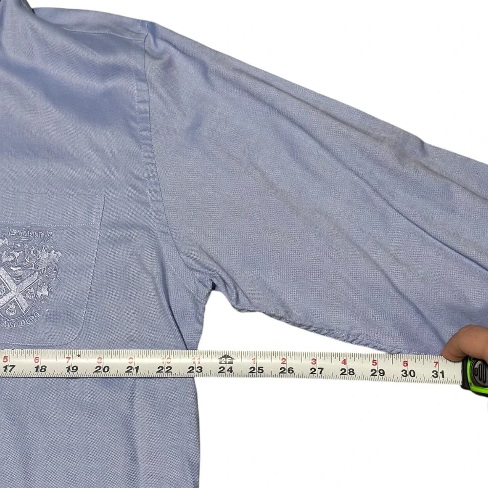 Barbour Embroidered Crest Pocket Blue Cotton Button Up Long Sleeve Men's Large‎